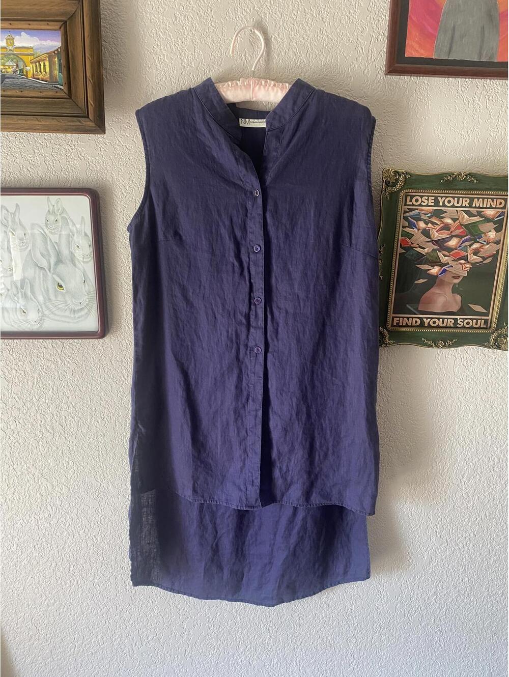 Neiman Marcus 100% Linen Sleeveless Tunic Top - Navy Blue - Sz Medium